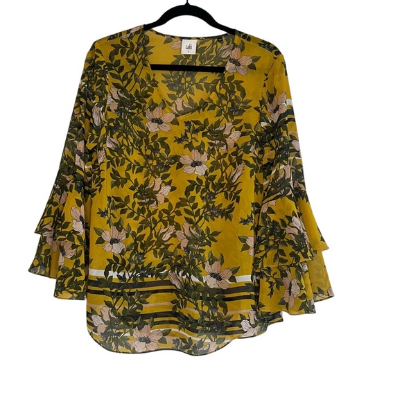 2/$30 CAbi Women's Yellow Golden Mustard Floral Blouse - Picture 1 of 7